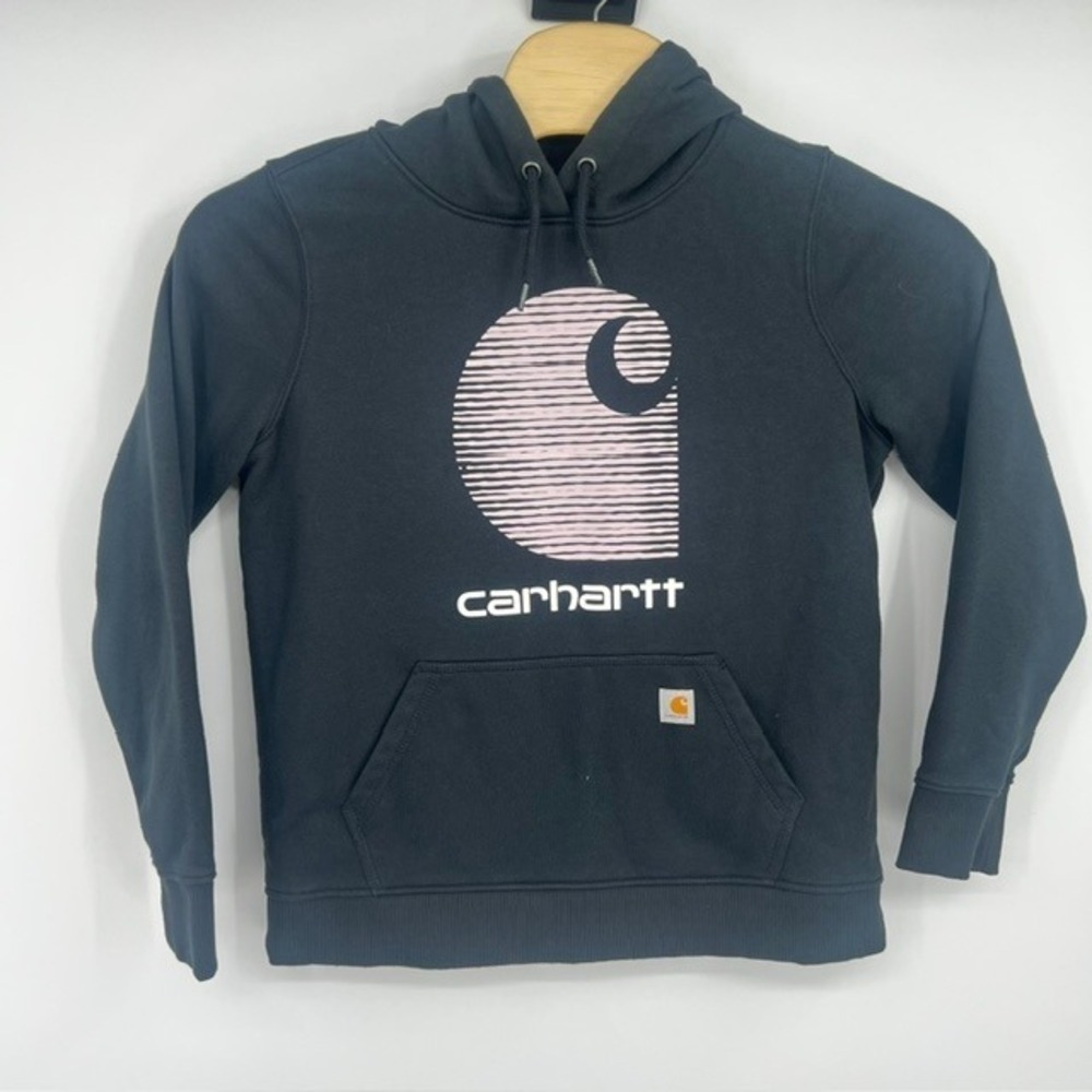 Carhartt Kids Rain Defender Relaxed Fit Hoodie Black with Pink Logo Size L 12-14